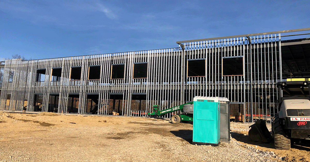 Exterior of a commercial building that is using metal stud framing