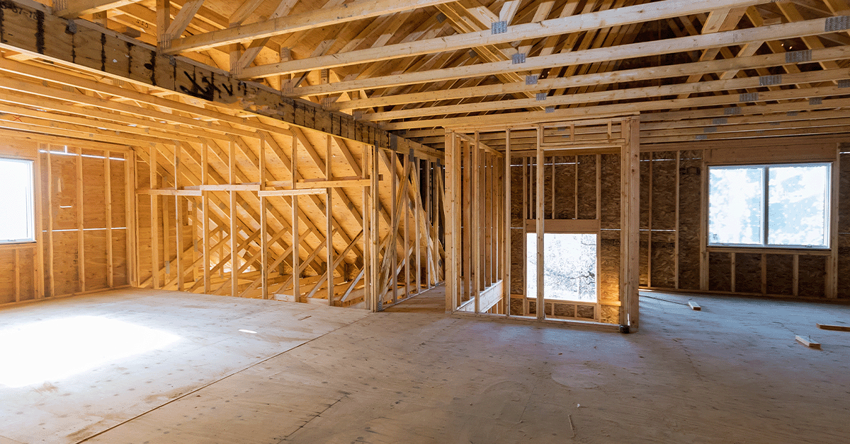 Inside of a building framed with wood