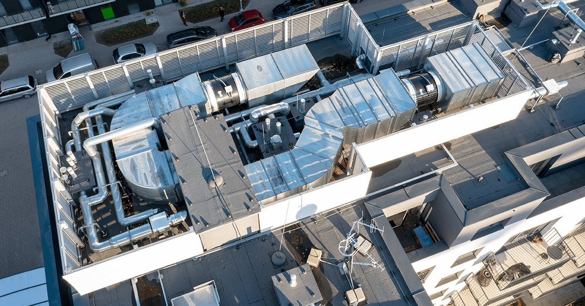 Overhead view of a commercial building with the HVAC exposed