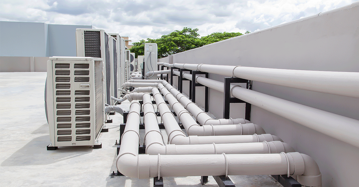 Large commercial HVAC system on roof top of buidling